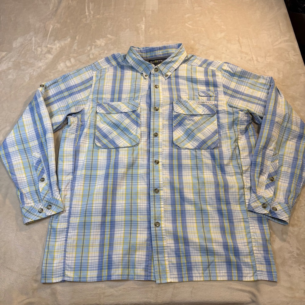 ExOfficio Mens Blue Yellow Plaid Long Sleeve Ventilated Fishing Shirt XL